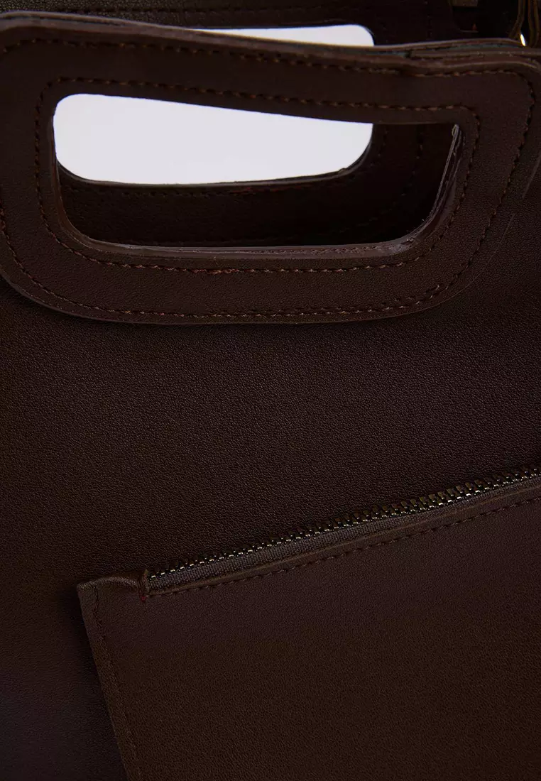 Brown Stitching Detailed Dual-Use Bucket Hand And Shoulder Bag Takaw26Oc00001