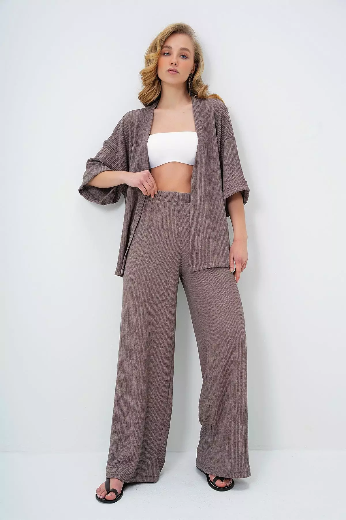 Women's Mink Double Sleeve Wrap Fabric Summer Kimono And Trouser Set