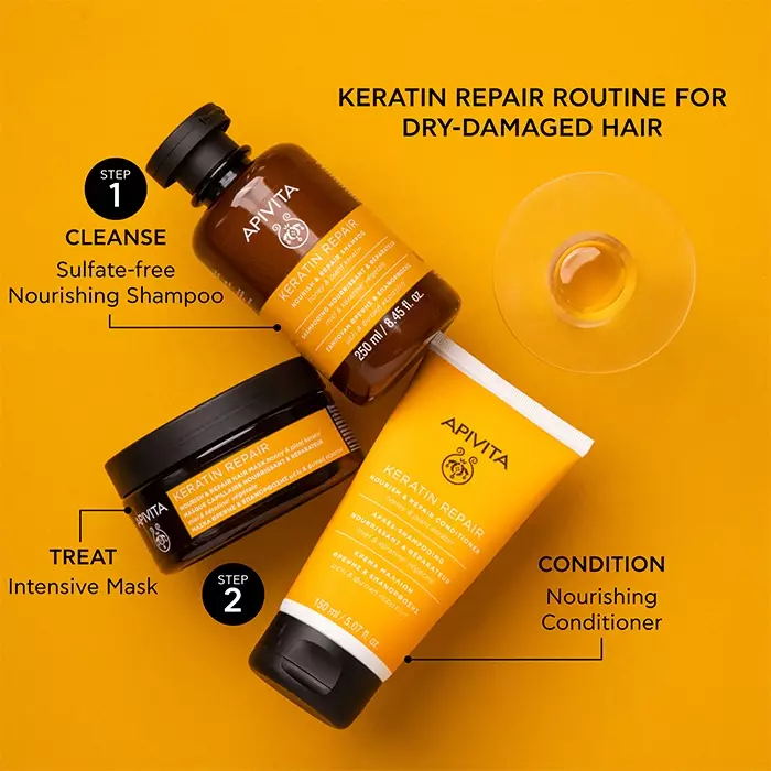 Apivita Keratin Repair Nourish & Repair Shampoo 250 ml | Sampo Natural Non SLS Untuk Rambut Rusak dan Kering Menutrisi Memperbaiki dan Mencegah Bercabang