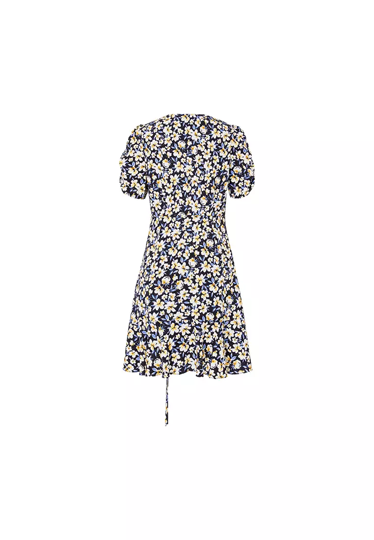 Short Puff Sleeve V-Neck Floral Midi Dress