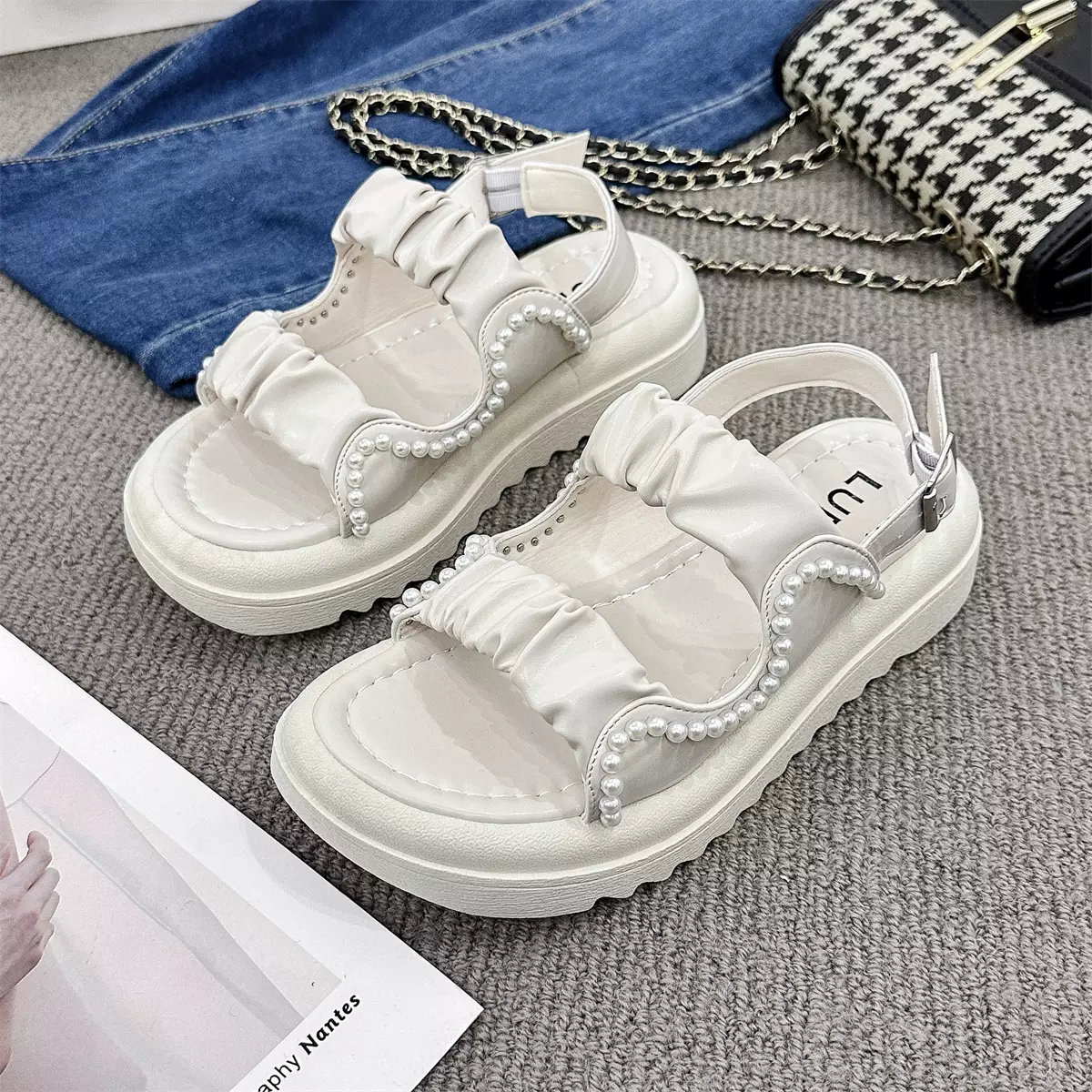 Sandal Flat Kaki Lebar Motif Mutiara Wanita Sendal Cewek WL210