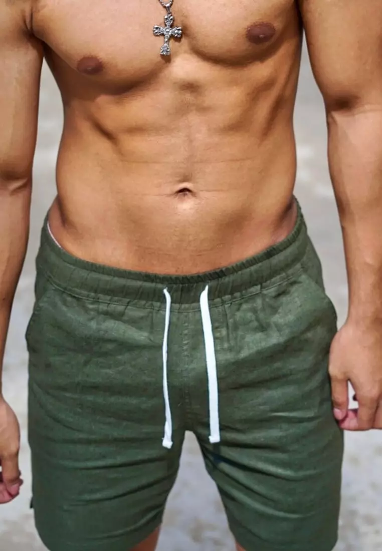 Palm Tree Set Kemeja Celana Linen Pria Hijau Army  | Linen Set Men Army Green