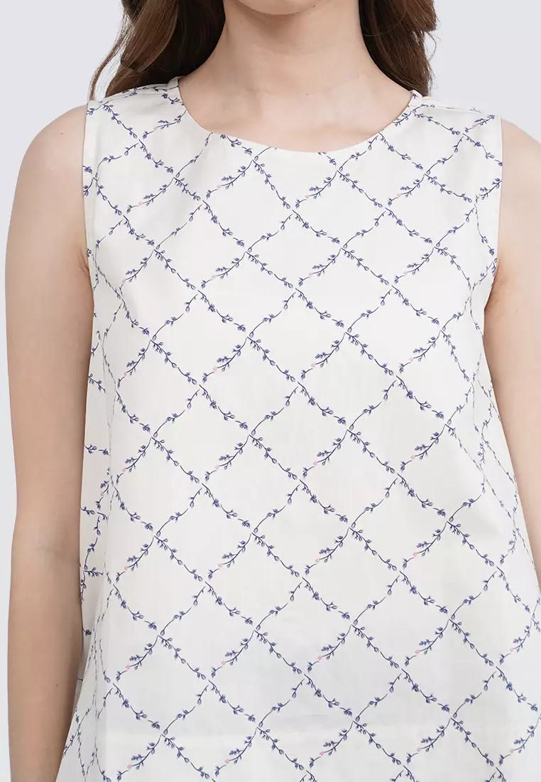 Round Neck Sleeveless Printed Blouse OFF WHITE
