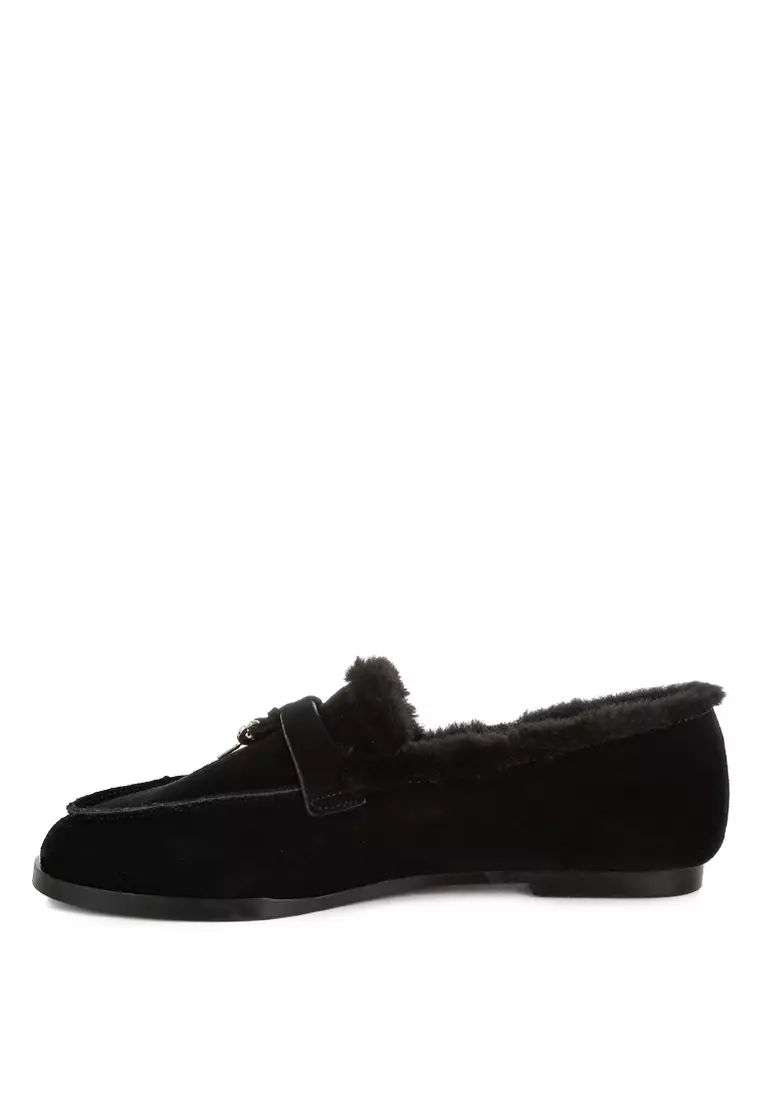 Suede & Faux Fur Flat Loafers In Black