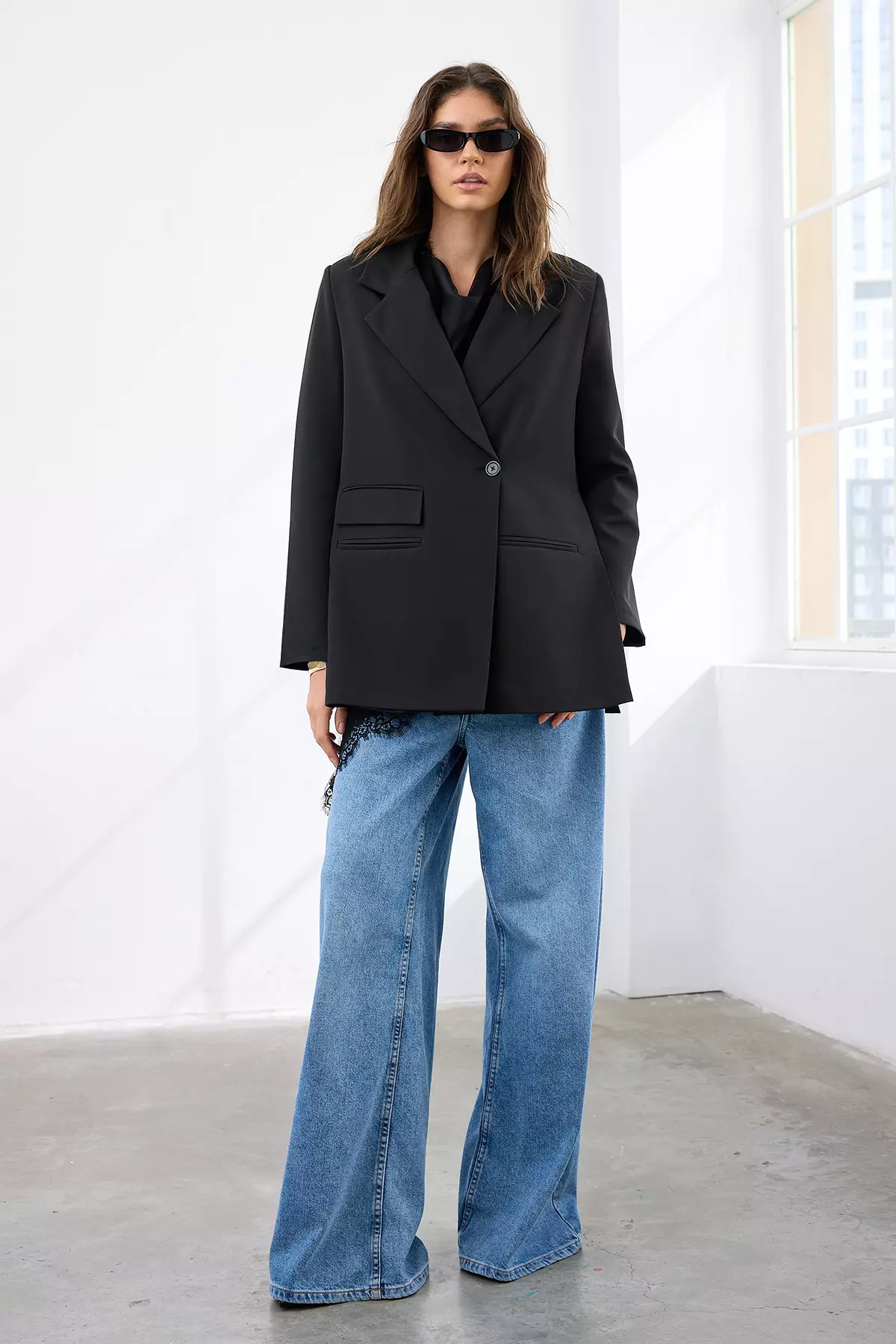 Black Oversize Pocket Detailed Woven Blazer Jacket