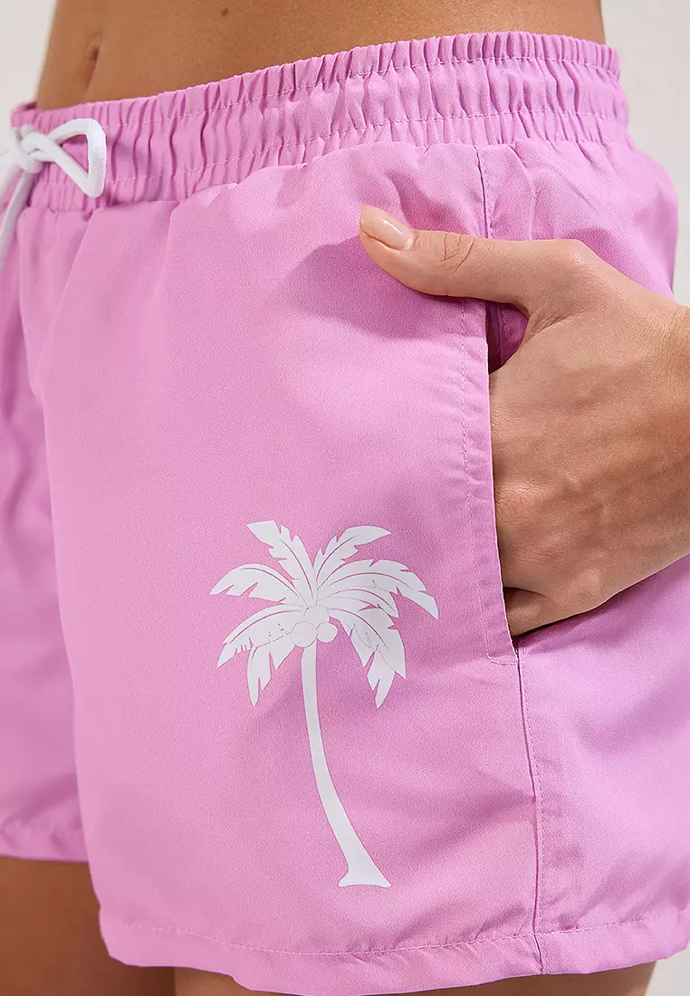 Pink Woven Palm Printed Swim Shorts