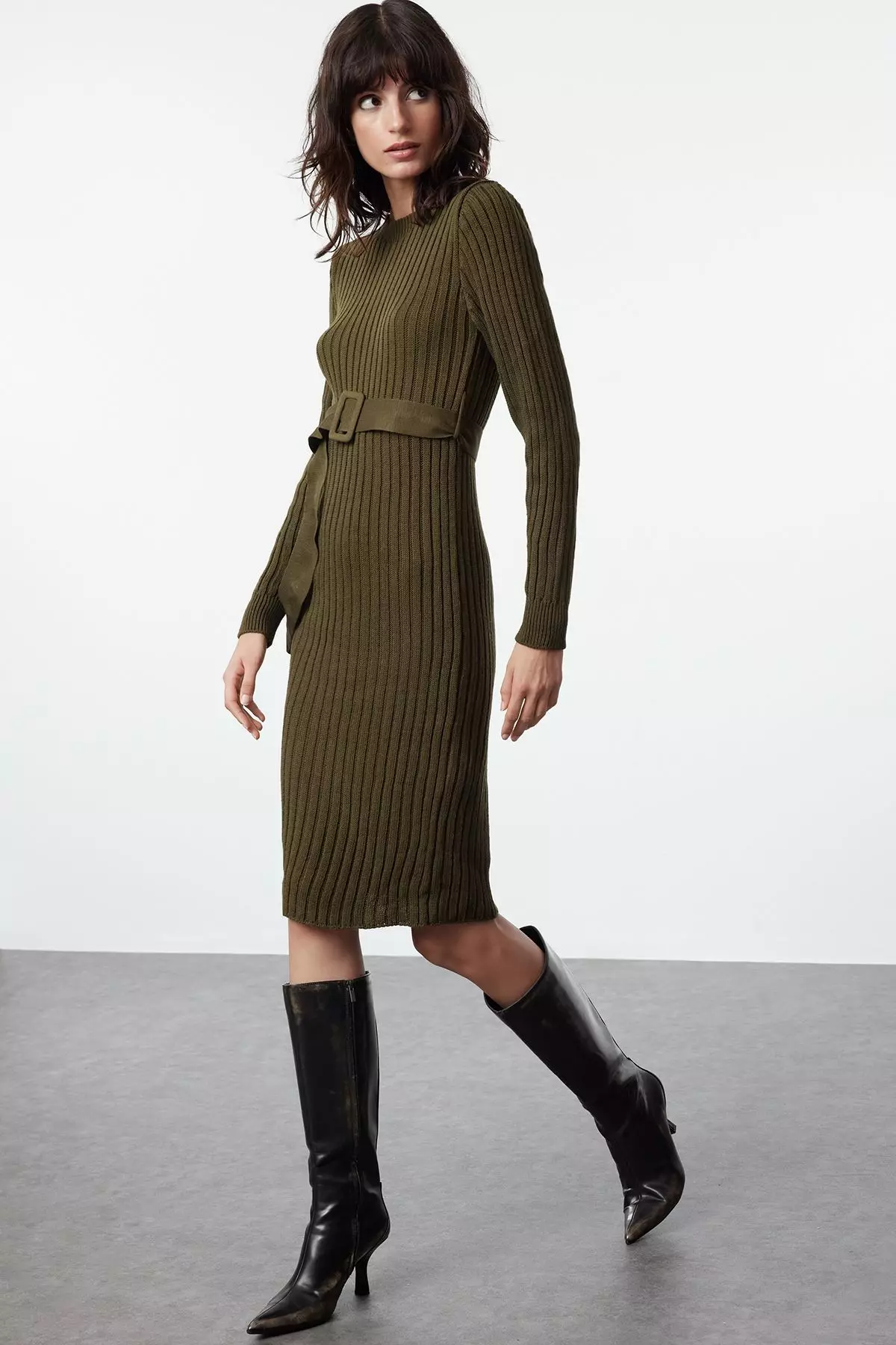 Khaki Mini Knitted Belted Dress TWOAW23EL00444