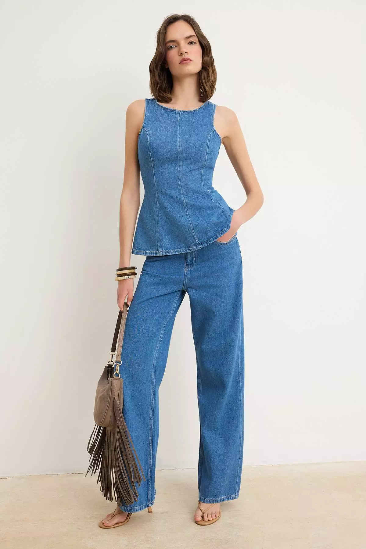 Blue Strap Peplum 1% Cotton Denim Blouse Twoss26Bz196