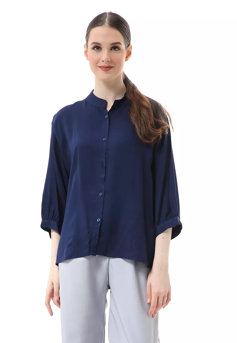 Ghita Kemeja Atasan Wanita Motif Polos Long Sleeve High Quality - Navy