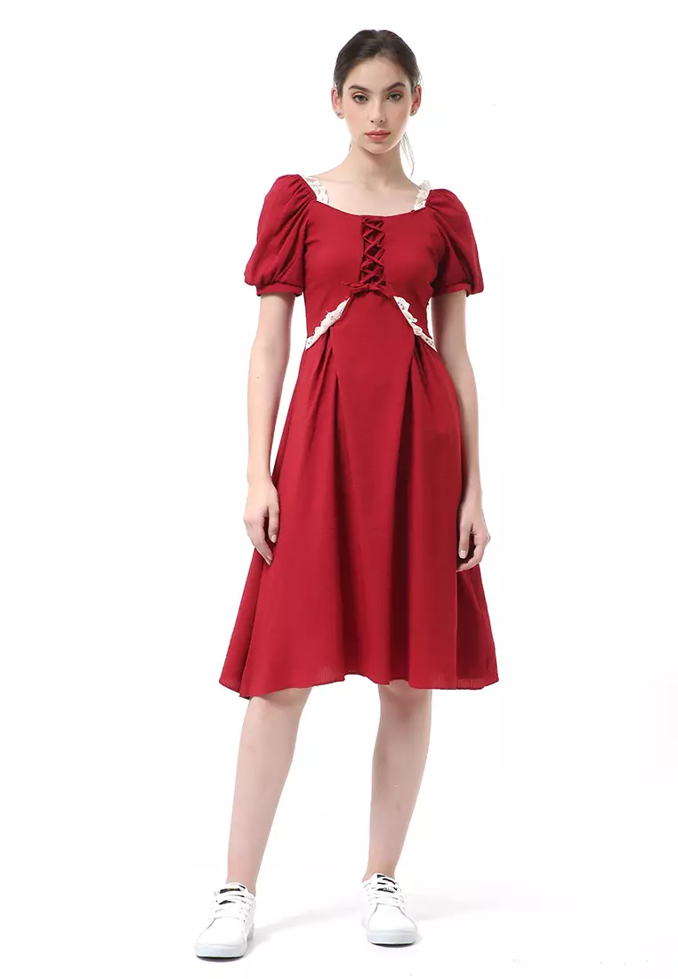 Rachel Slim Dress Wanita Model A-line Lengan Pendek Material Cotton ORIGINAL - Red