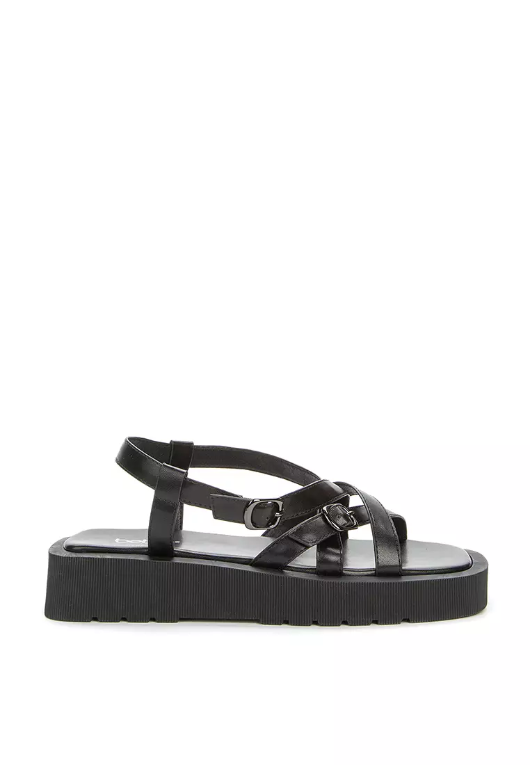 black flat form sandals