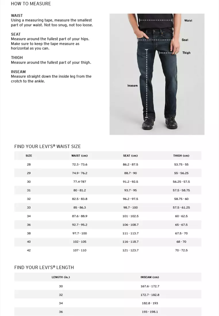 Levi mens pants size chart best sale