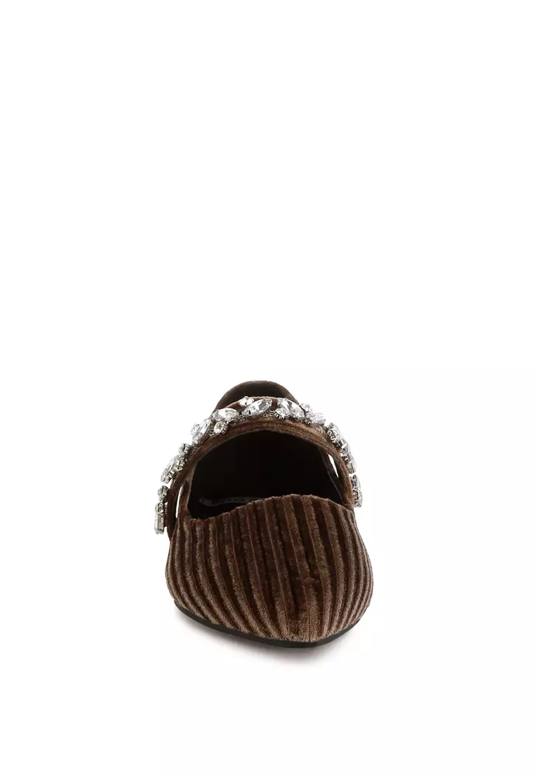 Diamante Brooch Velvet Ballerinas in Brown
