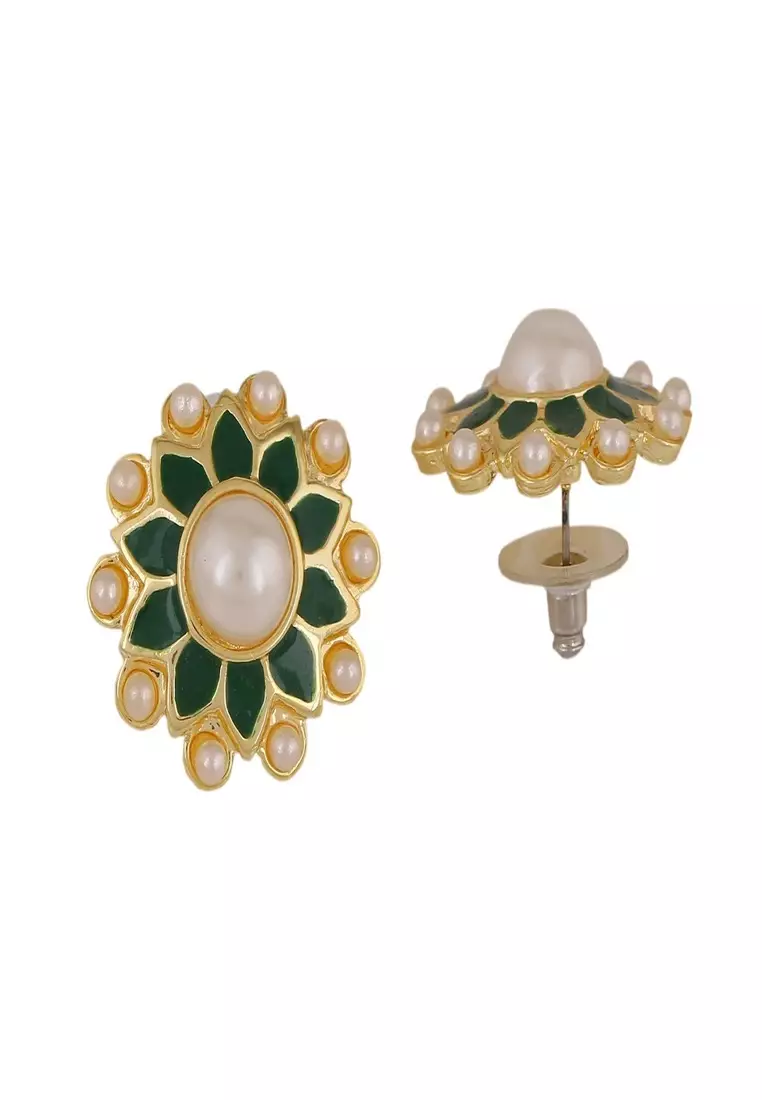 Estele Gold Plated Fascinating Meenakari Pearl Stud Earrings With Green Enamel For Women