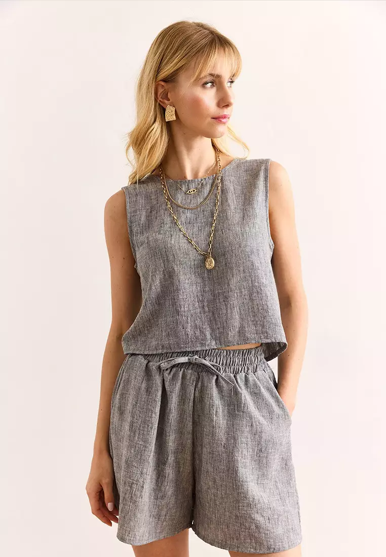 Top Back Button Blouse Bottom Pocket Shorts Set