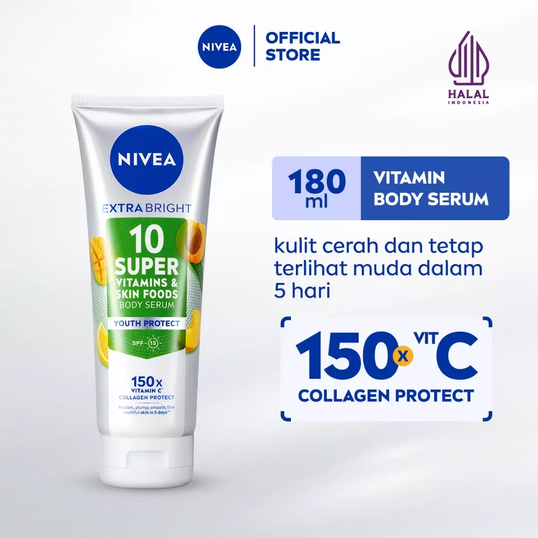 NIVEA Body Serum Extra Bright 10 Super Vitamins & Skin Foods Youth Protect Collagen 180ml