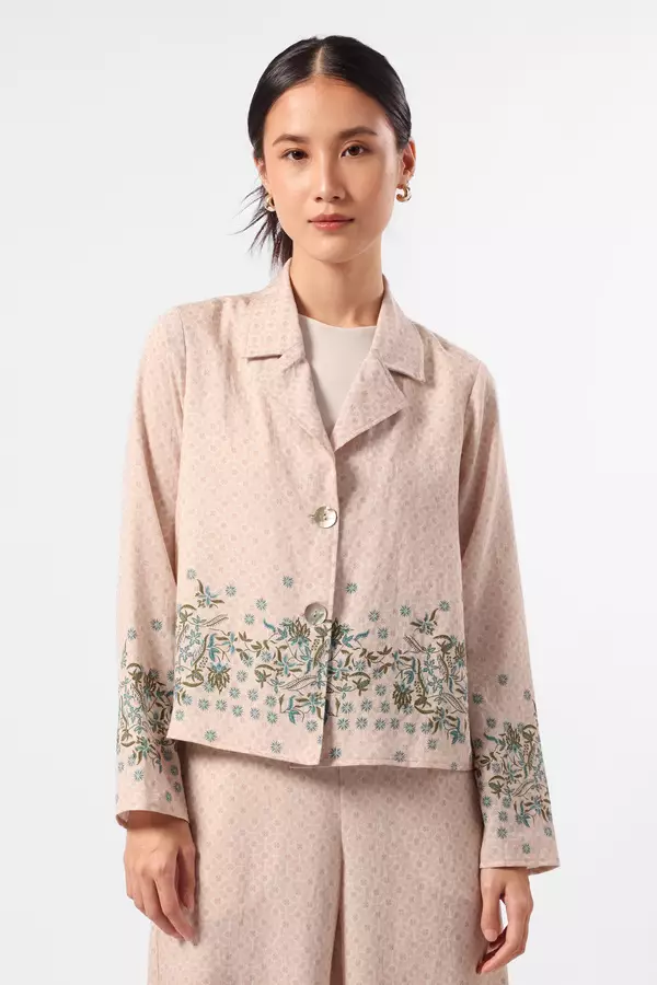 MINIMAL - Ayudewi - Crop Blazer Motif Bunga - Beige Warna Beige