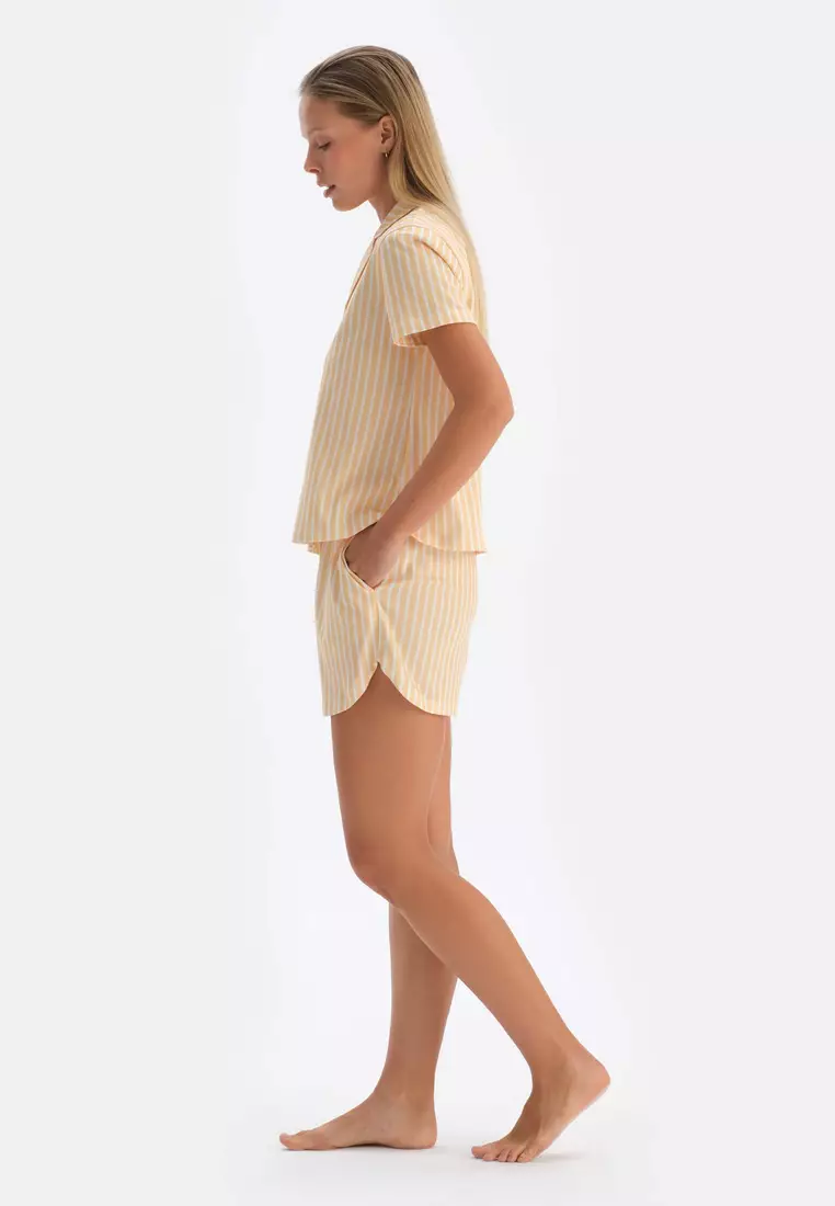 Yellow Shirt & Shorts Knitwear Set, Striped, Shirt Collar, Regular, Short Leg, Short Sleeve Sleepwear for Women