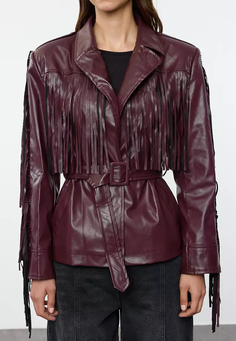 Faux Leather Belted Jacket with Tassel Detail