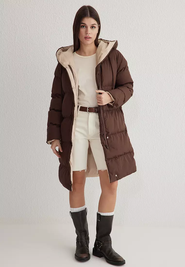 Dark Brown Ecru Double Sided Regular Fit Hooded Water Repellent Long Down Coat