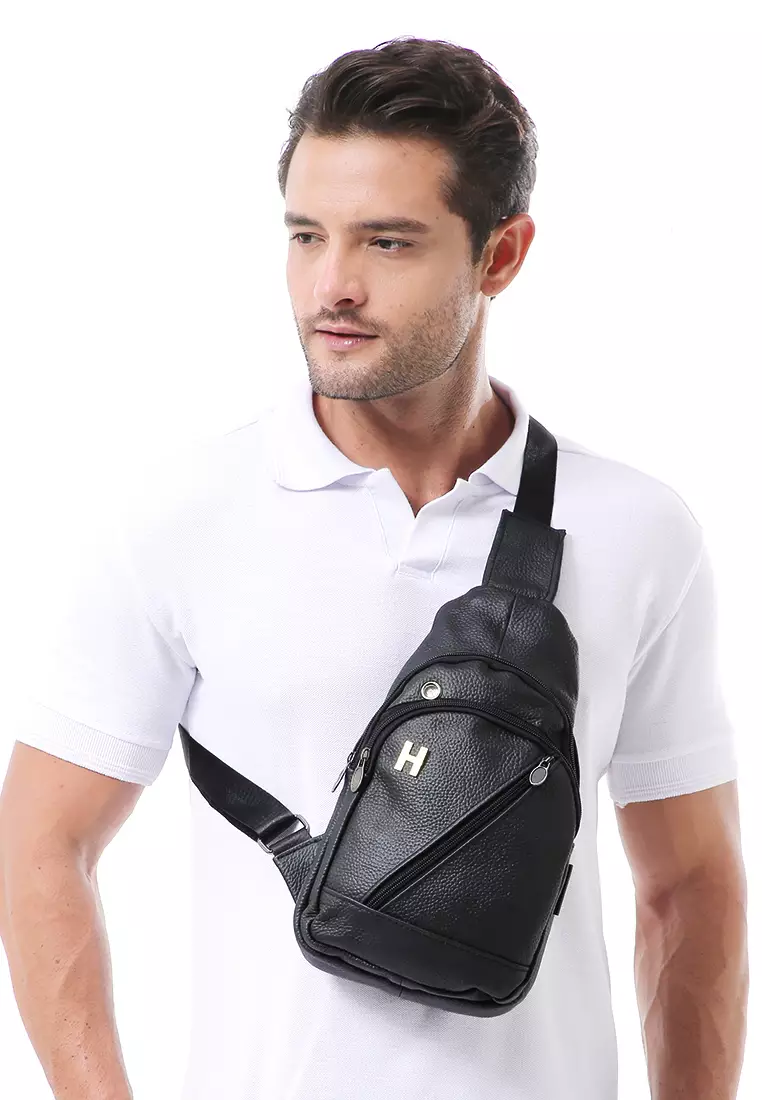 Edbert Slingbag Pria Motif Polos Tas Selempang Material Leather ORIGINAL - Black