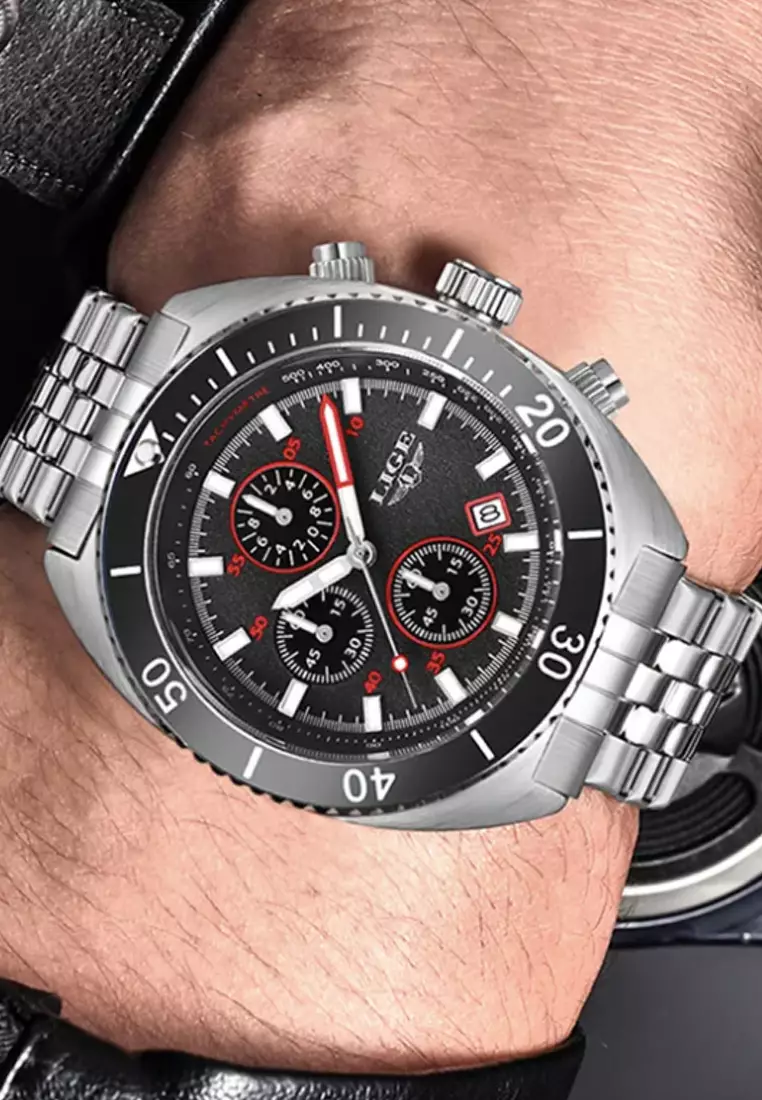 Unisex Chronograph Diver's Stainless Steel Quartz Watch with turning Bezel on Steel Bracelet