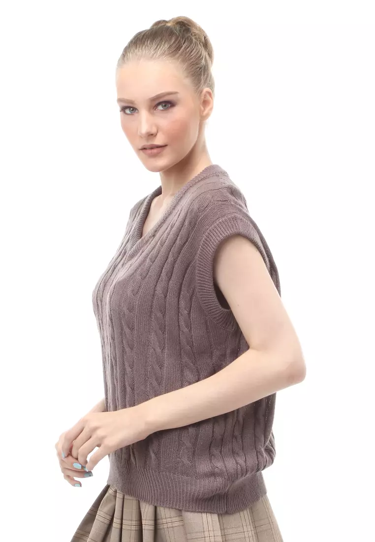 Urice Vest Rajut Atasan Wanita V-neck Sleeves Design Elegant - Burgundy