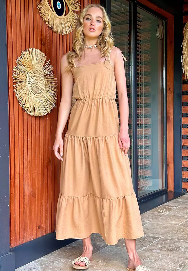 Women's Dark Beige Layered Flounce Strap Midilength Dress With Bead Accessories Alc-X12333