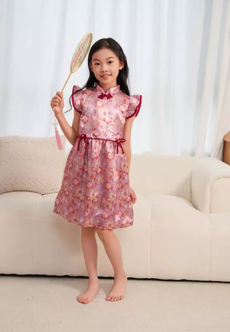 紫色花朵嬰兒女童旗袍連衣裙0849