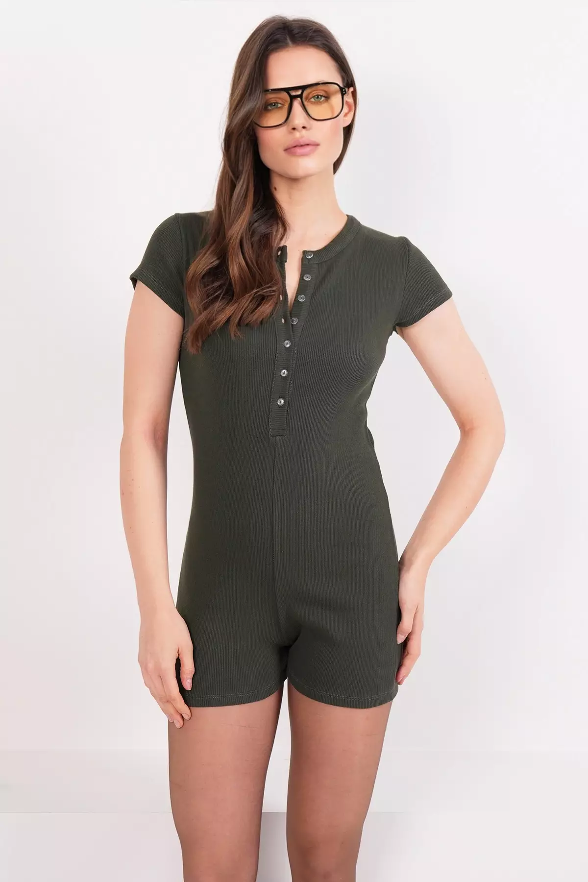 Khaki Crew Neck Ribbed Short Sleeve Jumpsuit Romper Pjm-X13914