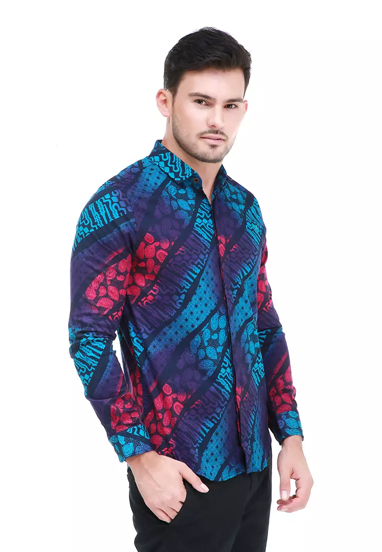 Dwan Kemeja Batik Pria Light Tops Atasan Formal Longsleeve Shirt Material Cotton ORIGINAL - Blue
