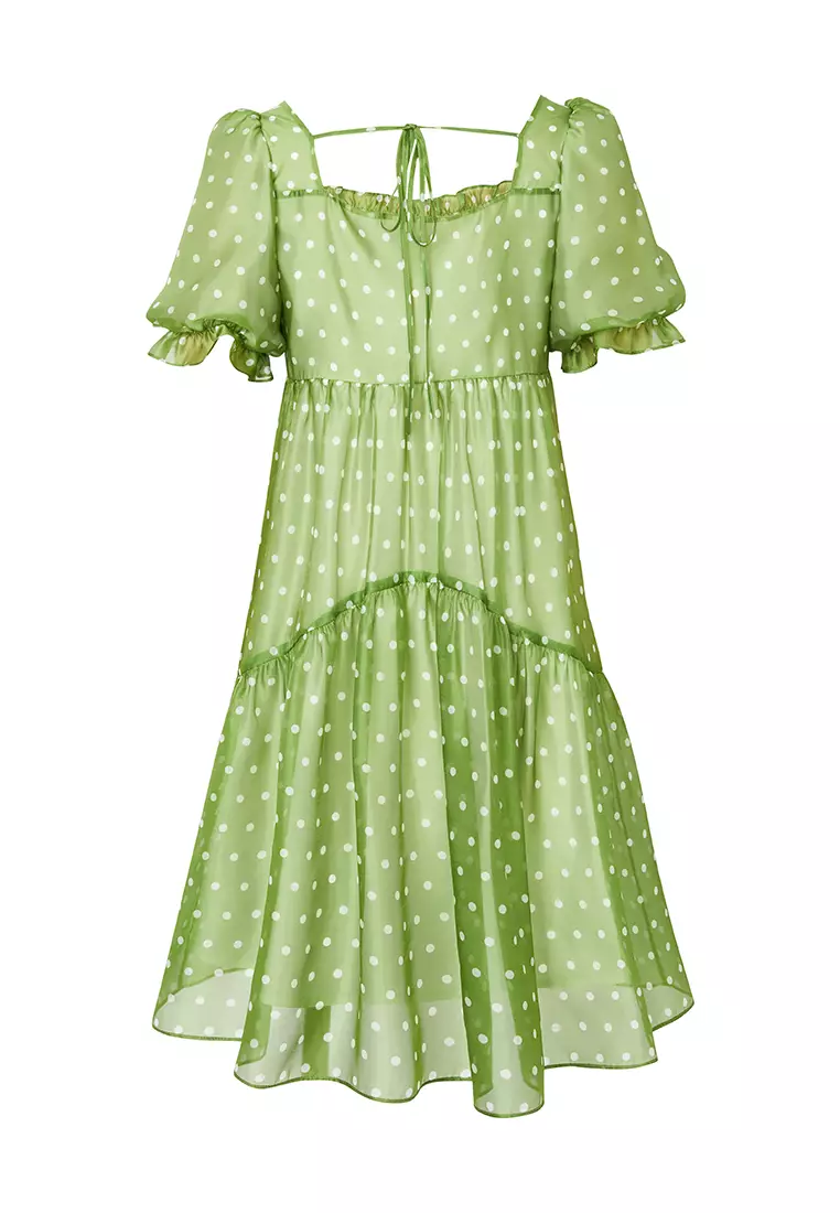 Puff Sleeve Square Neck Polka Dot Dress