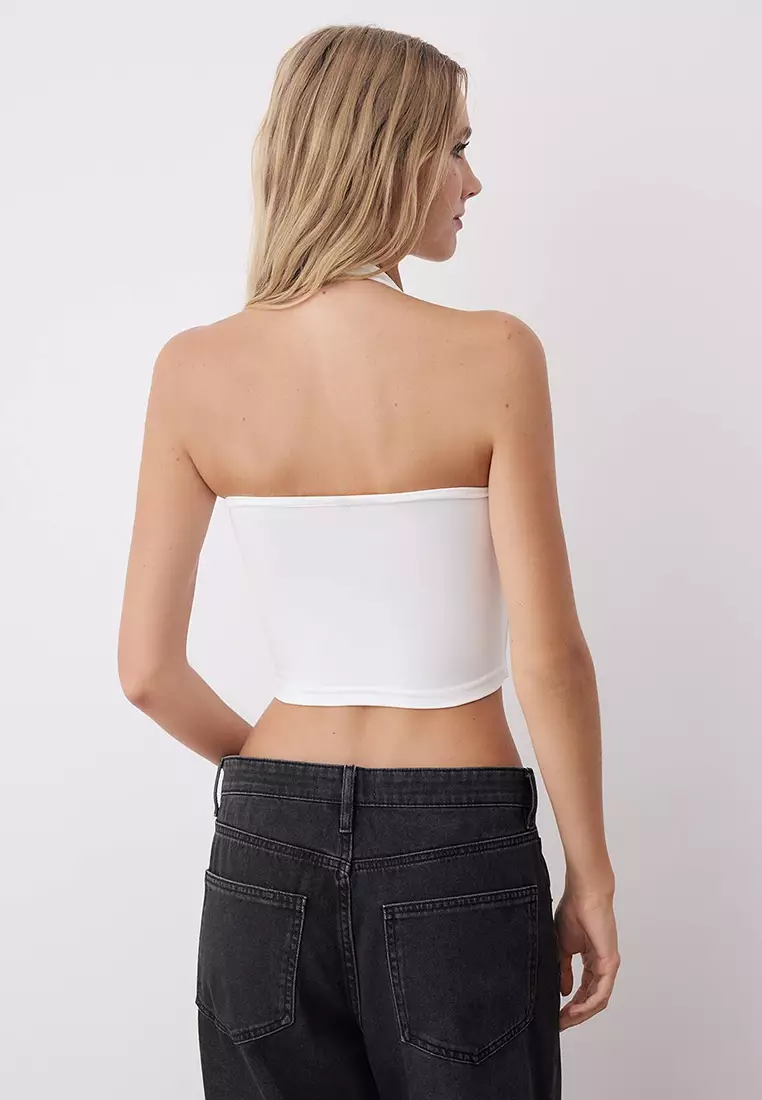 Black-White Halter Neck Fitted Crop Flexible Knit Blouse Twoaw26Bz00251