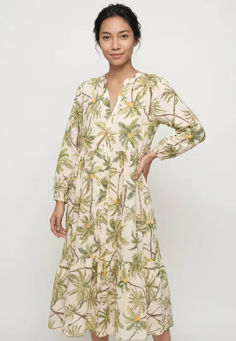 Tropical Print Long Sleeve Voile Beach Dress-Fall in Love E7745Ax25Sp