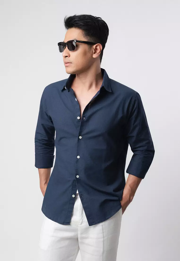 Linen Blend Slim Fit Shirt - Navy LS