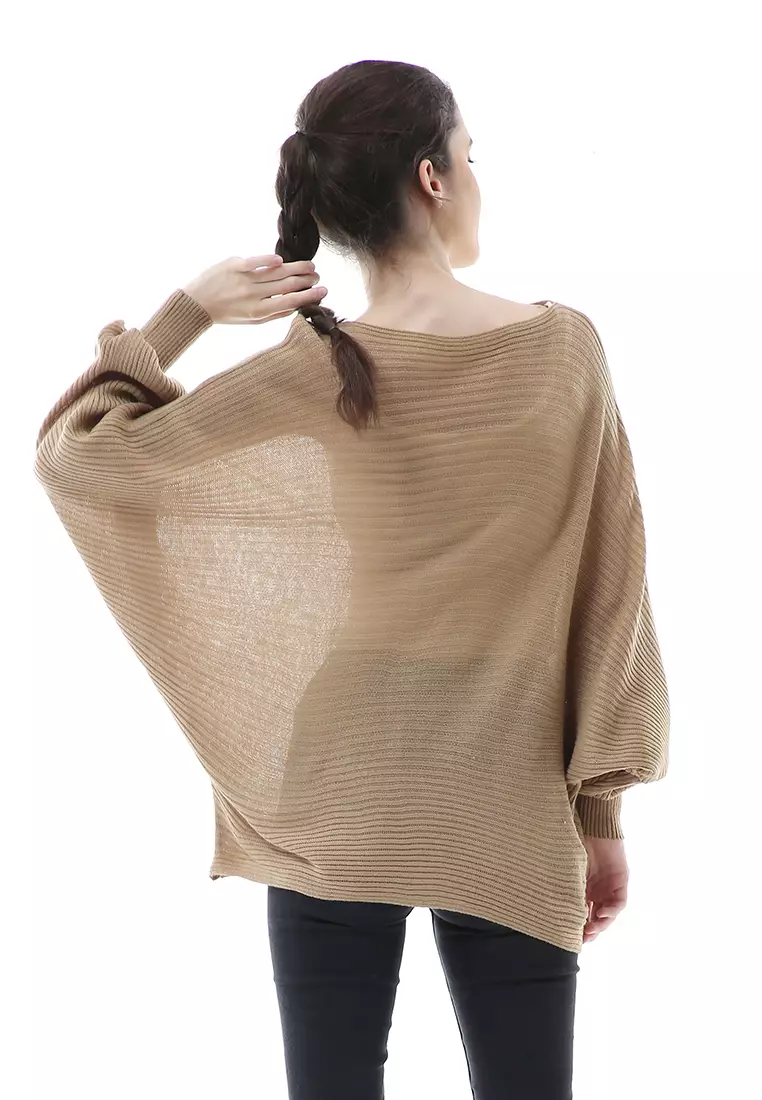 Eveline Sweater Rajut Batwing Atasan Wanita Motif Polos High Quality - Cream