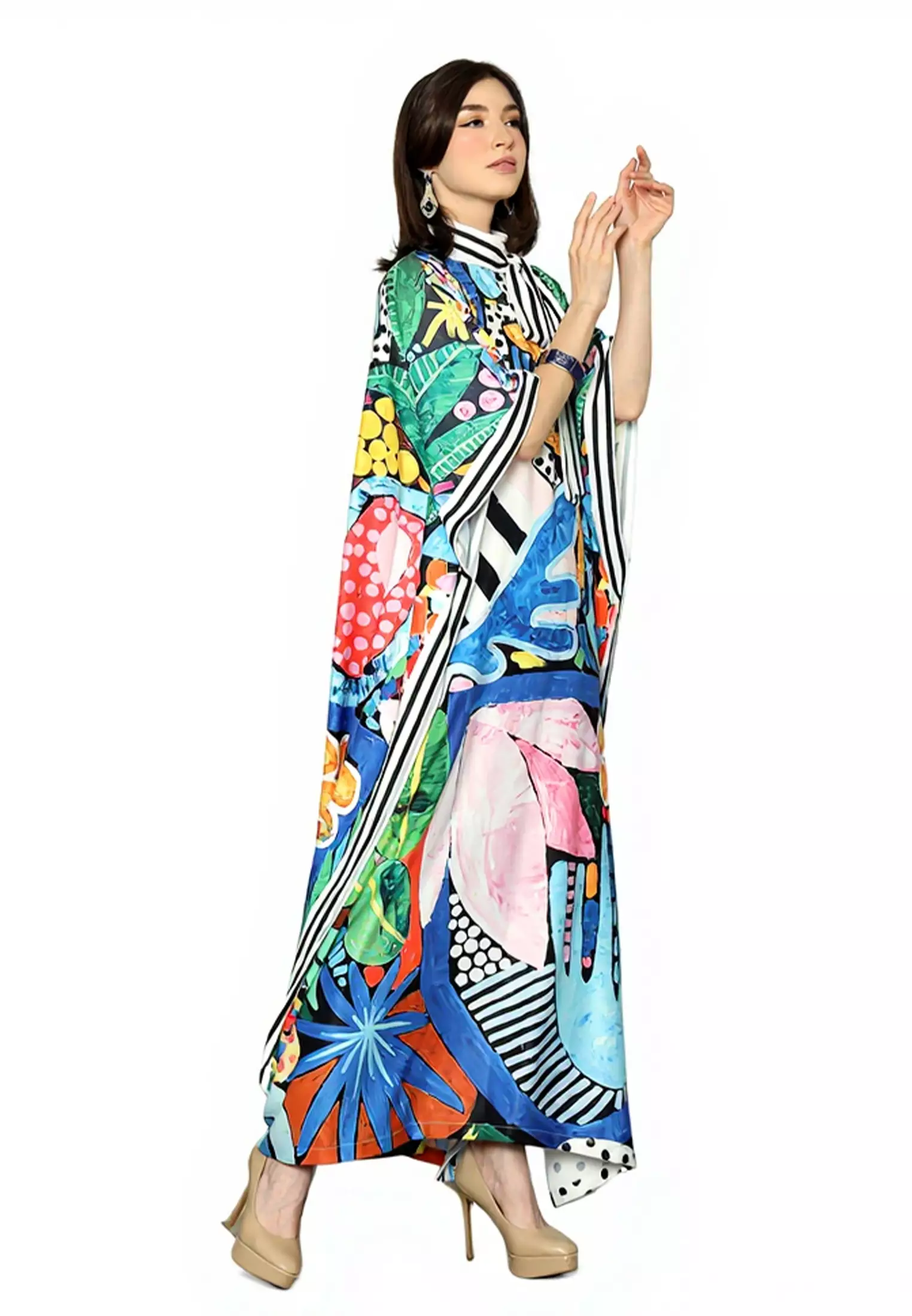 Kanzi Collection Short Sleeve Ribbon Collared Abstact Kaftan