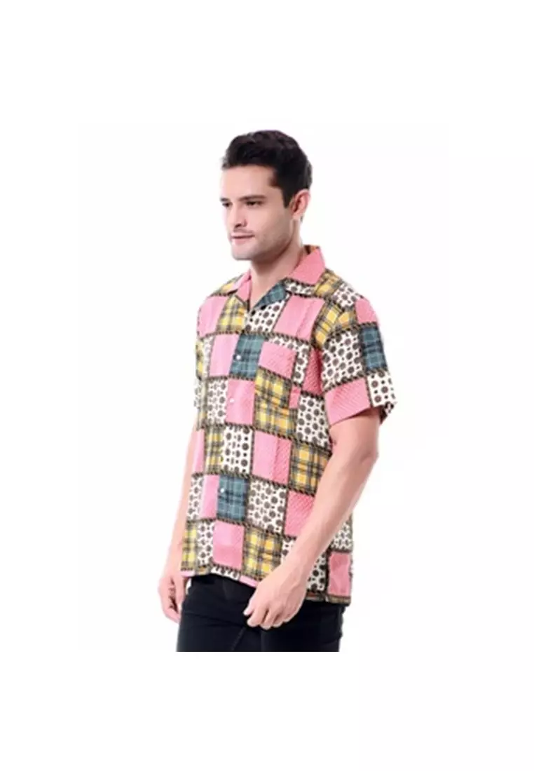 Leopold Kemeja Lengan Pendek Pria Casual Shirt Motif Abstrak Material Cotton ORIGINAL - Pink