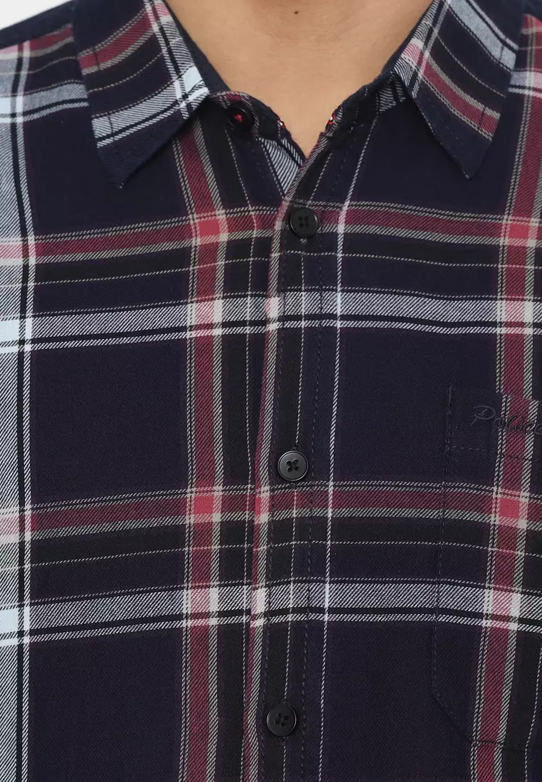 POLICE Kemeja Kotak Twill Merah Regular Fit Lengan Panjang Pria