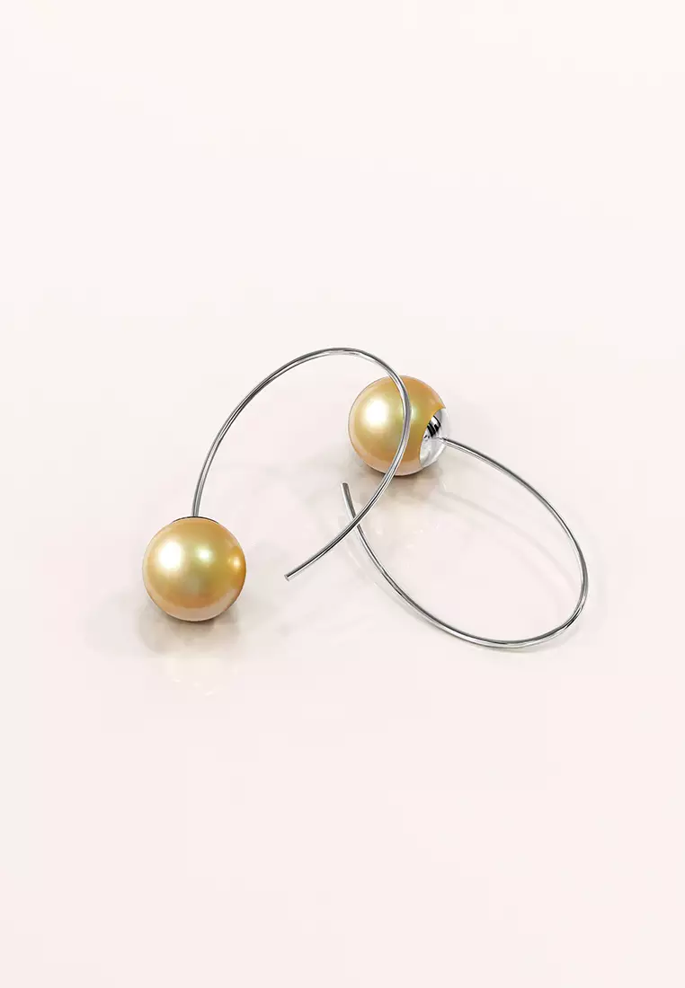 Solid 925 Sterling Silver Round Champagne Imitation Pearl Dangle Earrings