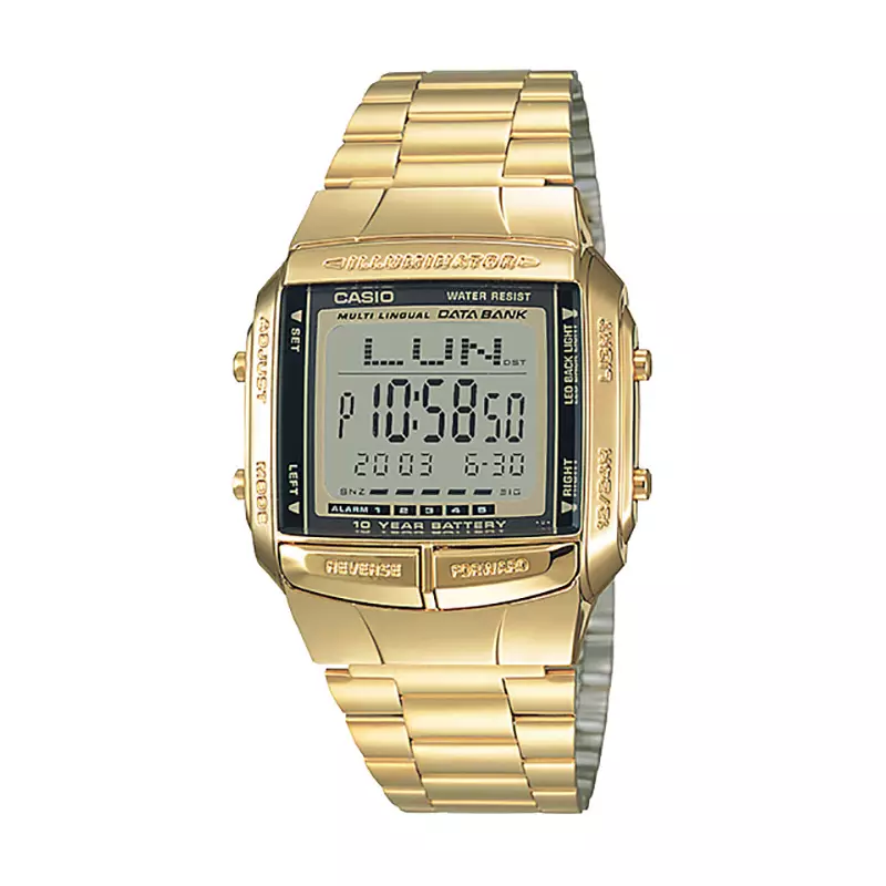 Jam Tangan Pria Casio General DB-360G-9ADF Data Bank Digital Dial Gold Ion Stainless Steel Band