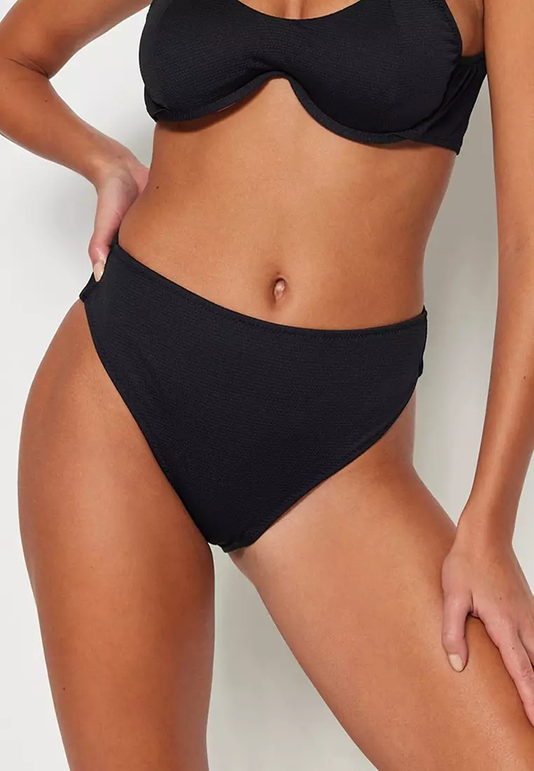 TEXTURED High Waist Bikini Bottom - Black