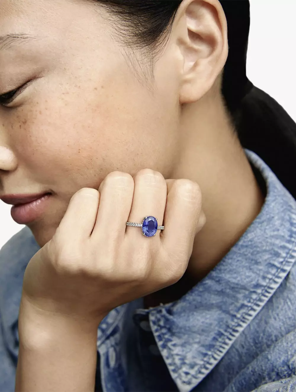 Sterling silver ring with princess blue crystal and clear cubic zirconia