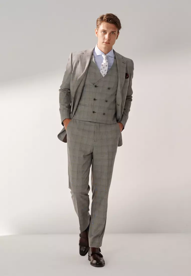 經典款淺灰威爾斯格紋修身西裝褲