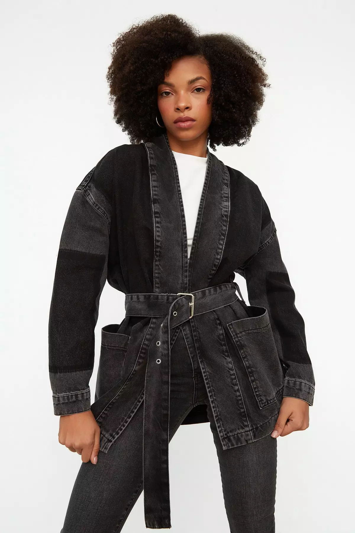 Black belted denim on sale jacket