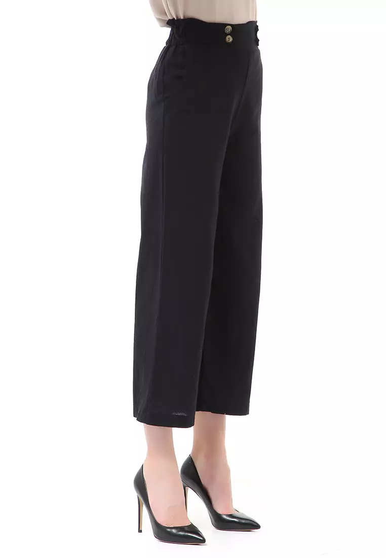 Stella Casual Long Pants Wanita Celana Kulot Highwaist Double Botton Material Linen ORIGINAL - Black
