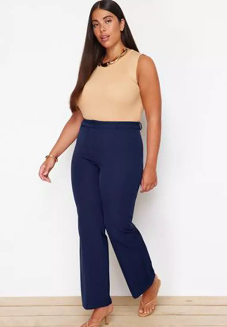 Navy Blue Straight/Straight Cut High Waist Rib Stitching Woven Trousers Tbbss22Pl0301
