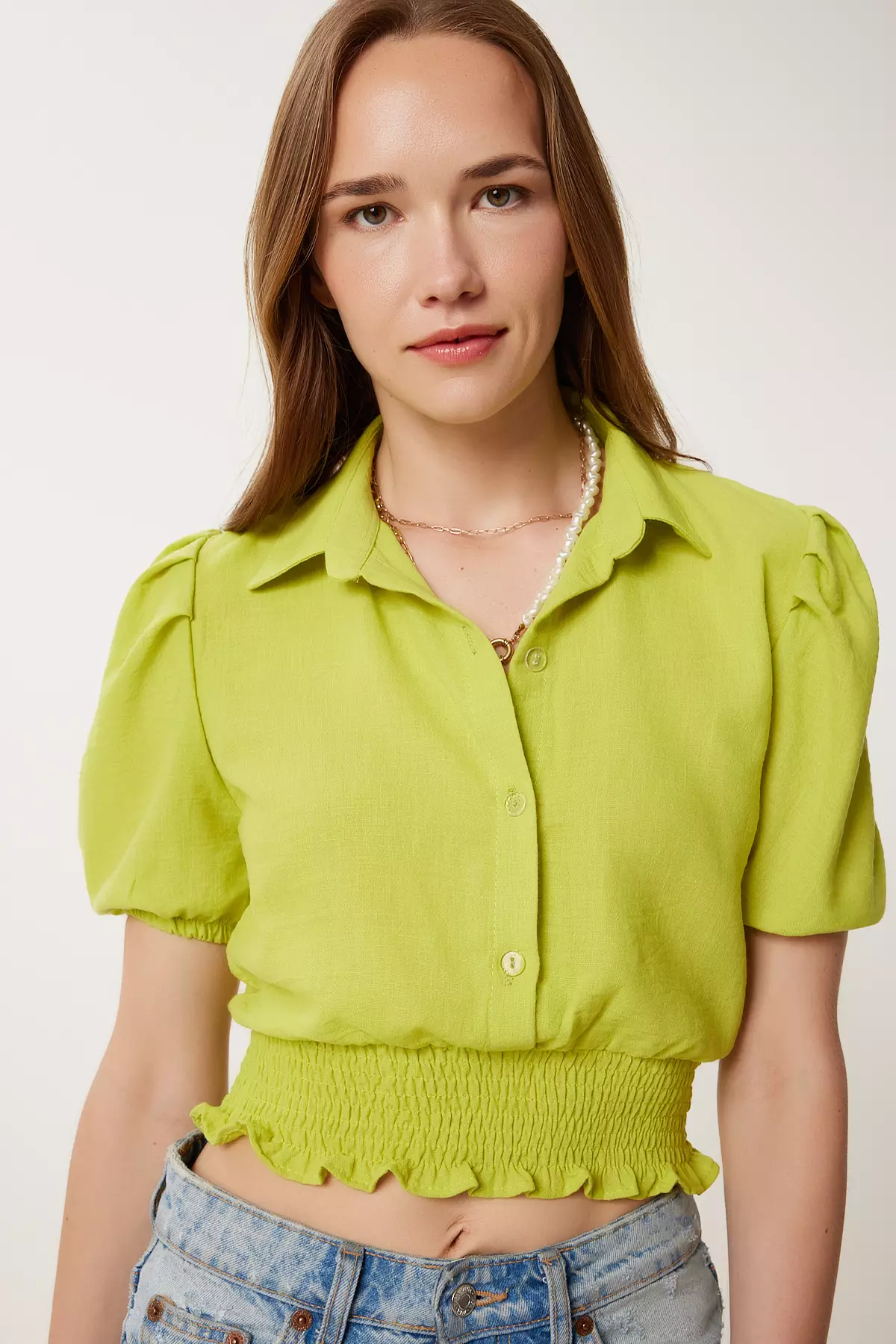 Women's Oil Green Balloon Sleeve Linen Crop Shirt Blouse Tp00081