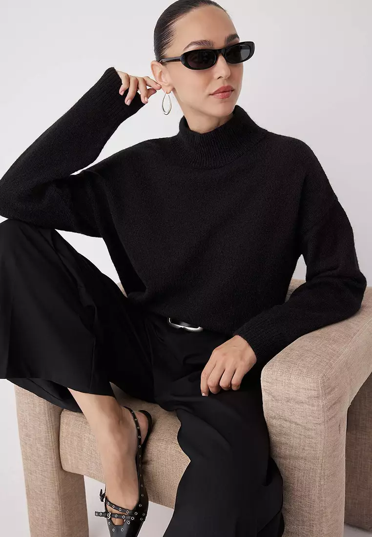 Black Alpaca Wool Blended Premium Yarn/Special Yarn Wide Fit Basic Knitwear Sweater