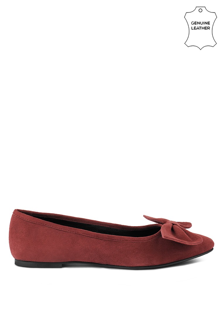 Burgundy Big Bow Suede Ballerina Flats